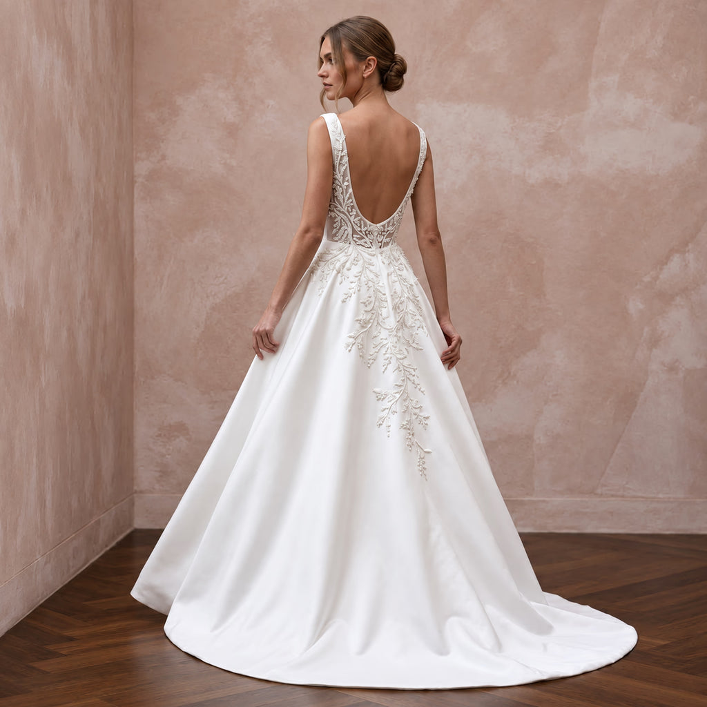 Petite Pure White Mikado Silk Bateau Neckline A-Line Wedding Dress