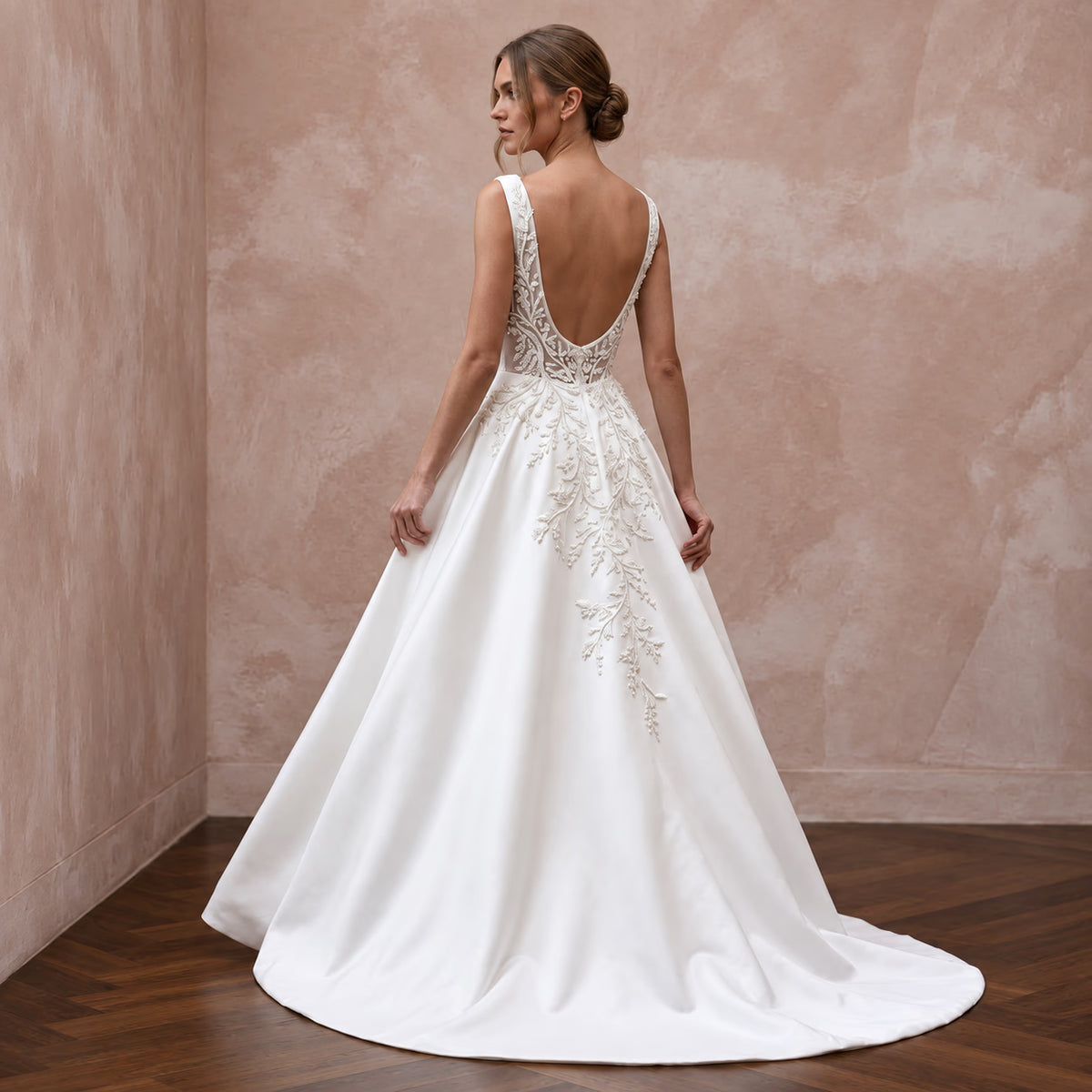 Petite Pure White Mikado Silk Bateau Neckline A-Line Wedding Dress