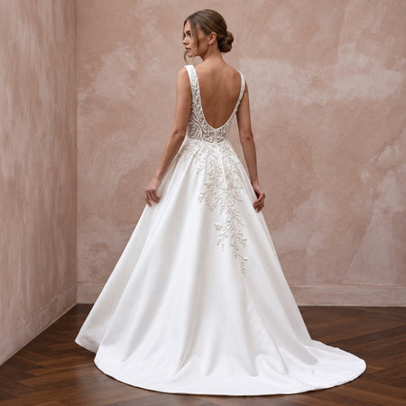 Petite Pure White Mikado Silk Bateau Neckline A-Line Wedding Dress