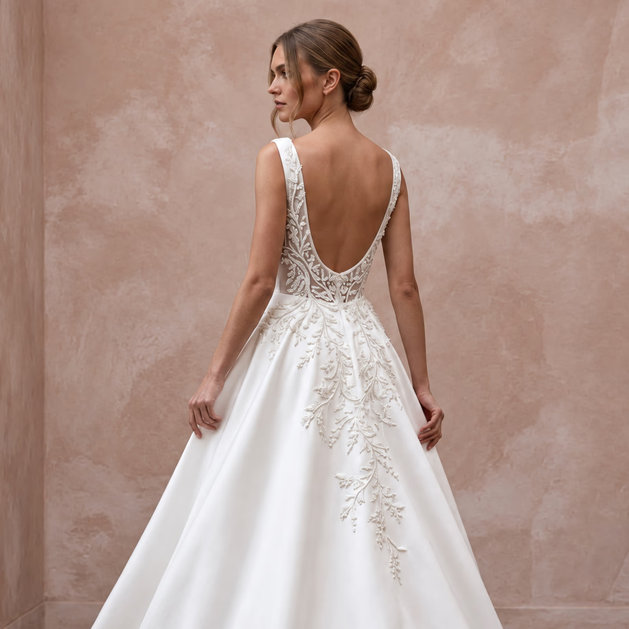 Petite Pure White Mikado Silk Bateau Neckline A-Line Wedding Dress