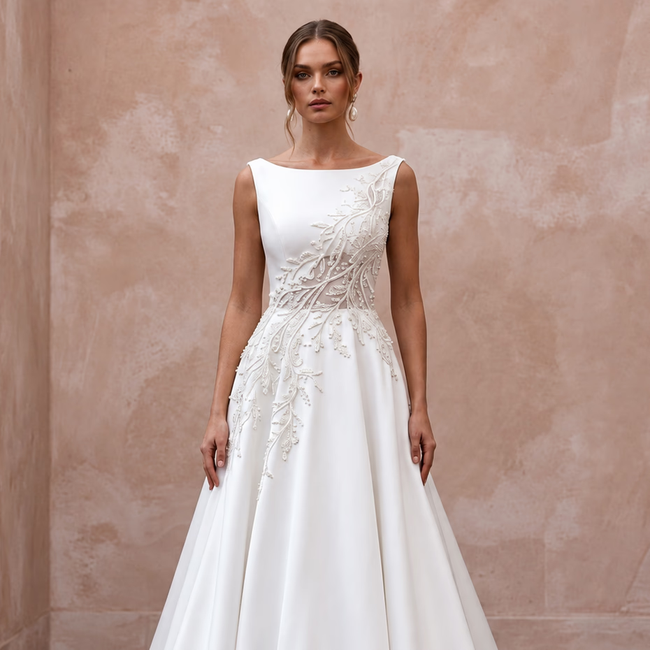 Petite Pure White Mikado Silk Bateau Neckline A-Line Wedding Dress