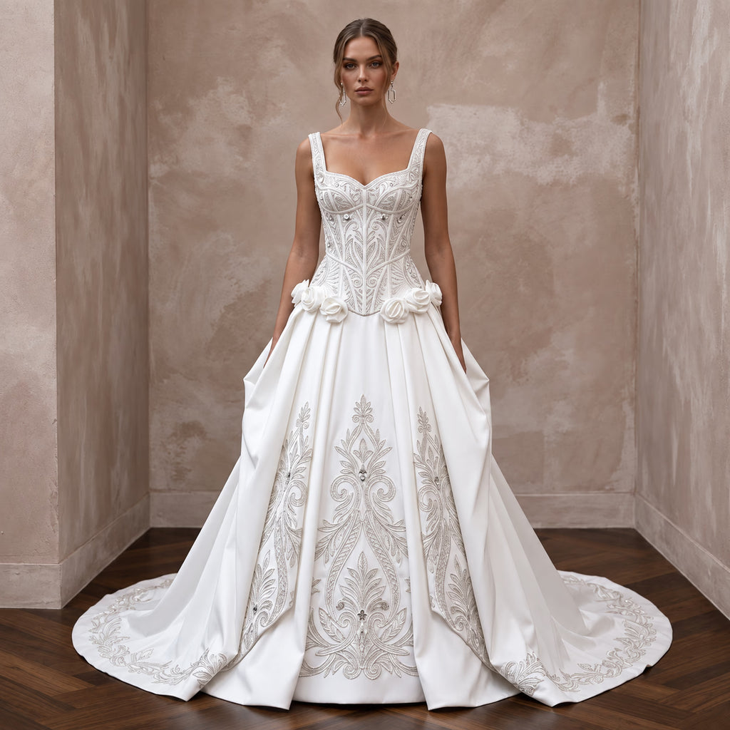 Petite Pure White Taffeta Dropped Waist Corset Bridal Dress - Apparel & Accessories > Clothing > Wedding & Bridal Party Dresses > Wedding Dresses - Mignonette Bridal