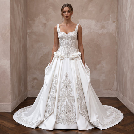 Petite Pure White Taffeta Dropped Waist Corset Bridal Dress - Apparel & Accessories > Clothing > Wedding & Bridal Party Dresses > Wedding Dresses - Mignonette Bridal