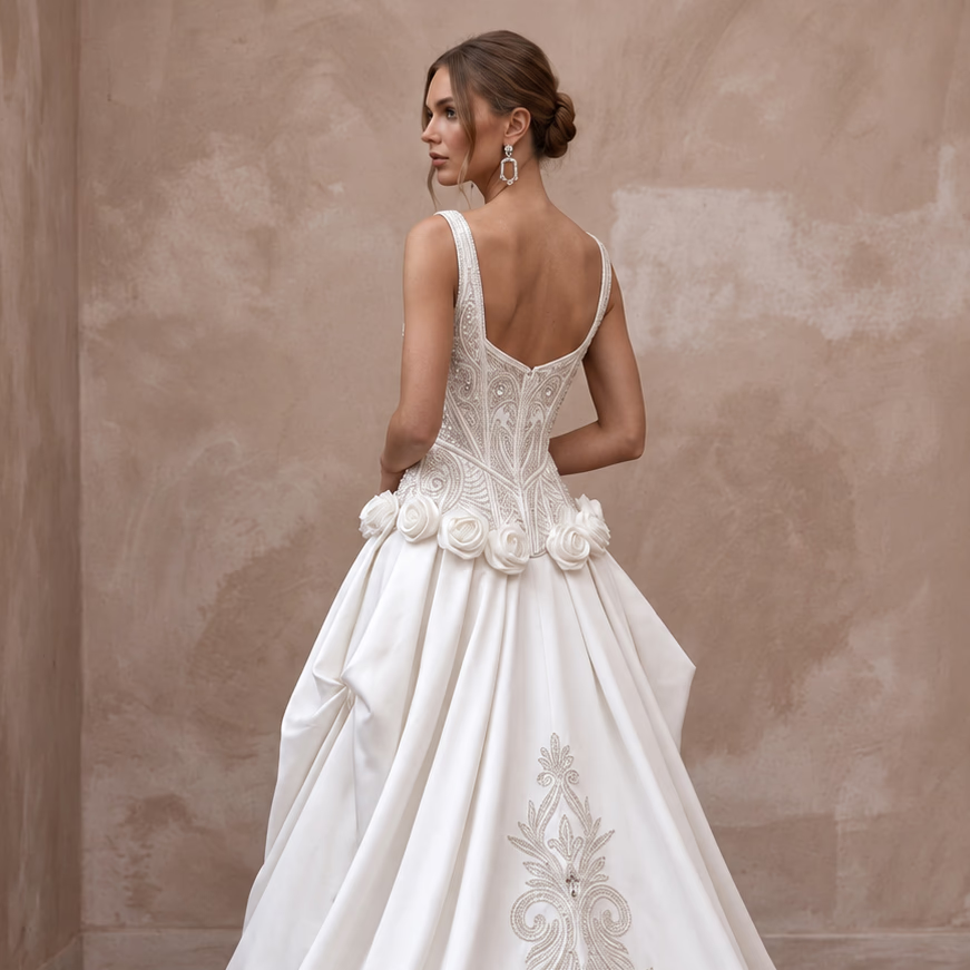 Petite Pure White Taffeta Dropped Waist Corset Bridal Dress - Apparel & Accessories > Clothing > Wedding & Bridal Party Dresses > Wedding Dresses - Mignonette Bridal