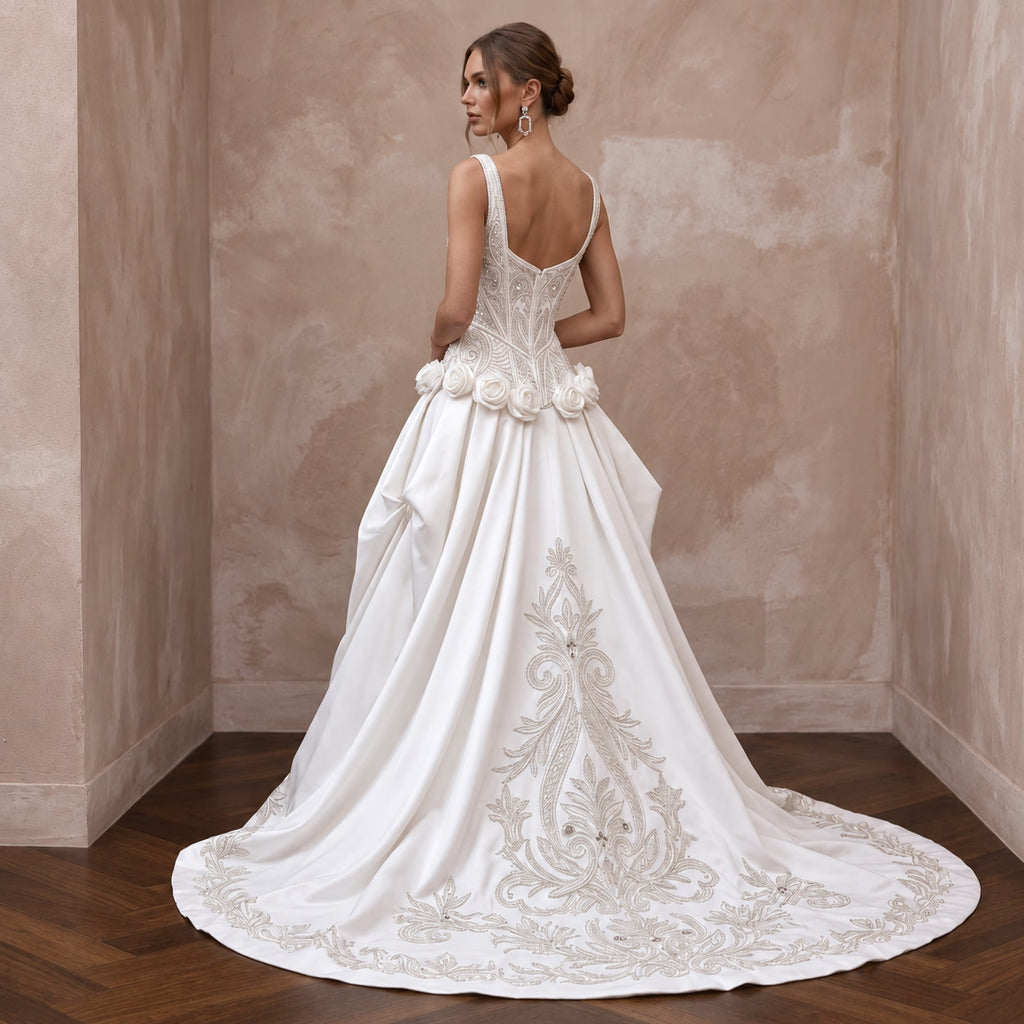 Petite Pure White Taffeta Dropped Waist Corset Bridal Dress - Apparel & Accessories > Clothing > Wedding & Bridal Party Dresses > Wedding Dresses - Mignonette Bridal