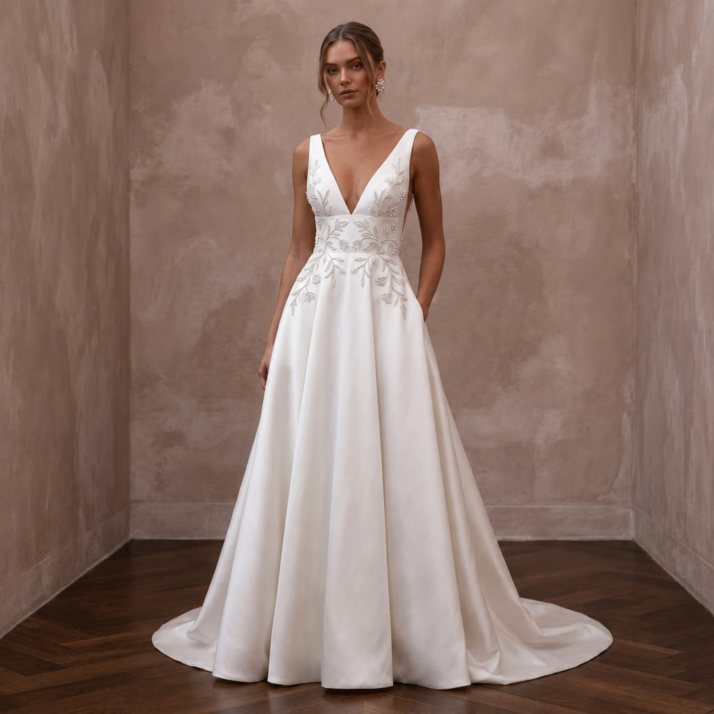 Petite Satin A-Line Wedding Dress with V-Neck