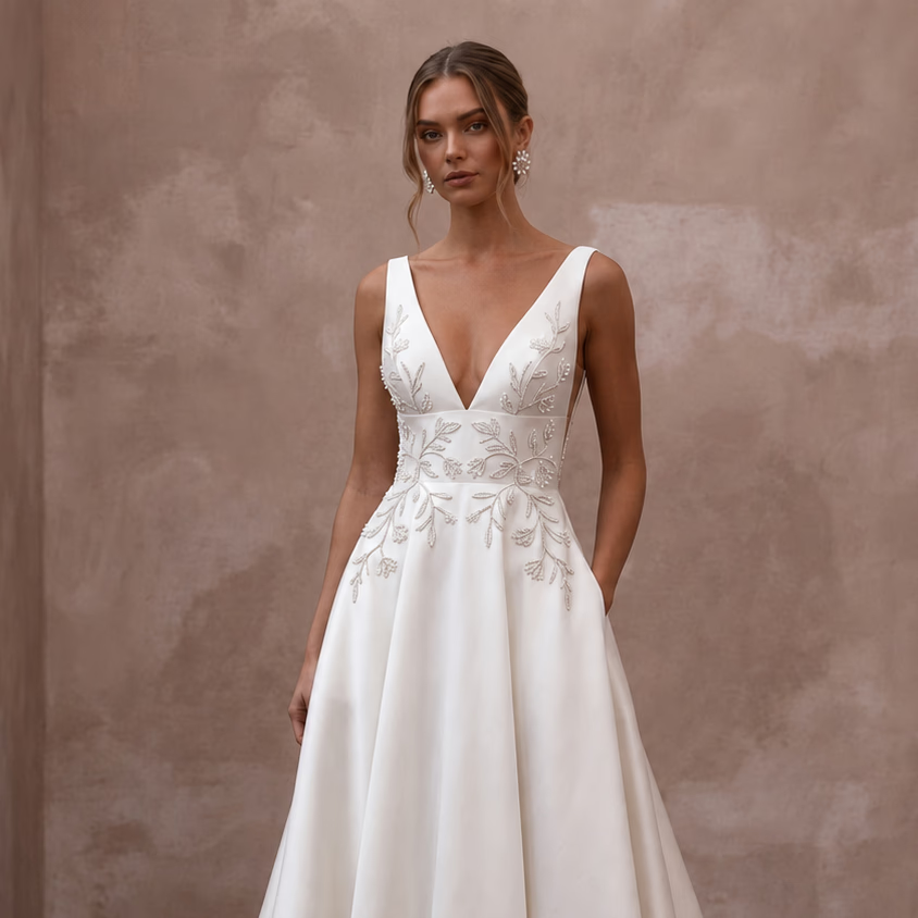 Petite Satin A-Line Wedding Dress with V-Neck