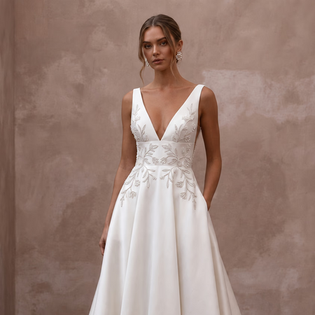 Petite Satin A-Line Wedding Dress with V-Neck