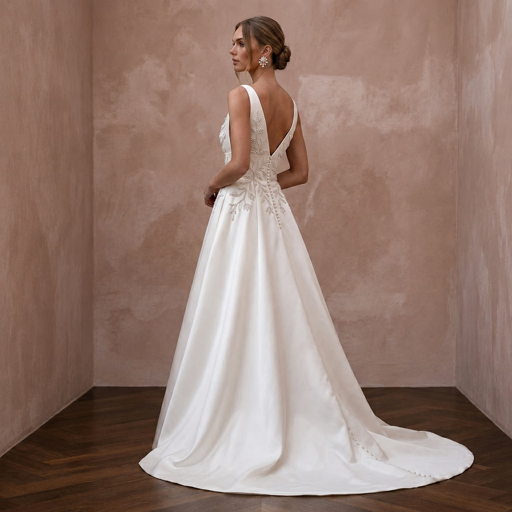 Petite Satin A-Line Wedding Dress with V-Neck