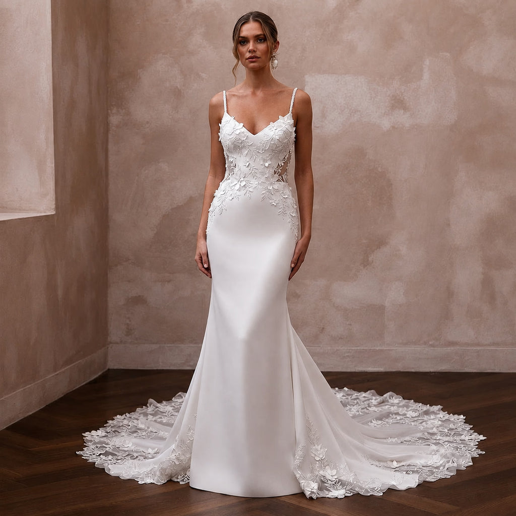 Petite Satin Mermaid Wedding Dress with Spaghetti Straps