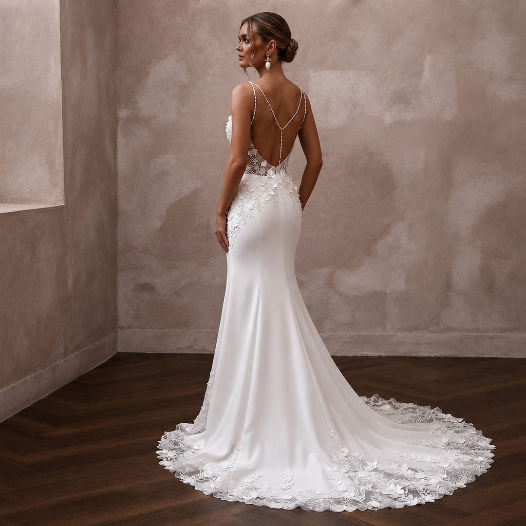 Petite Satin Mermaid Wedding Dress with Spaghetti Straps