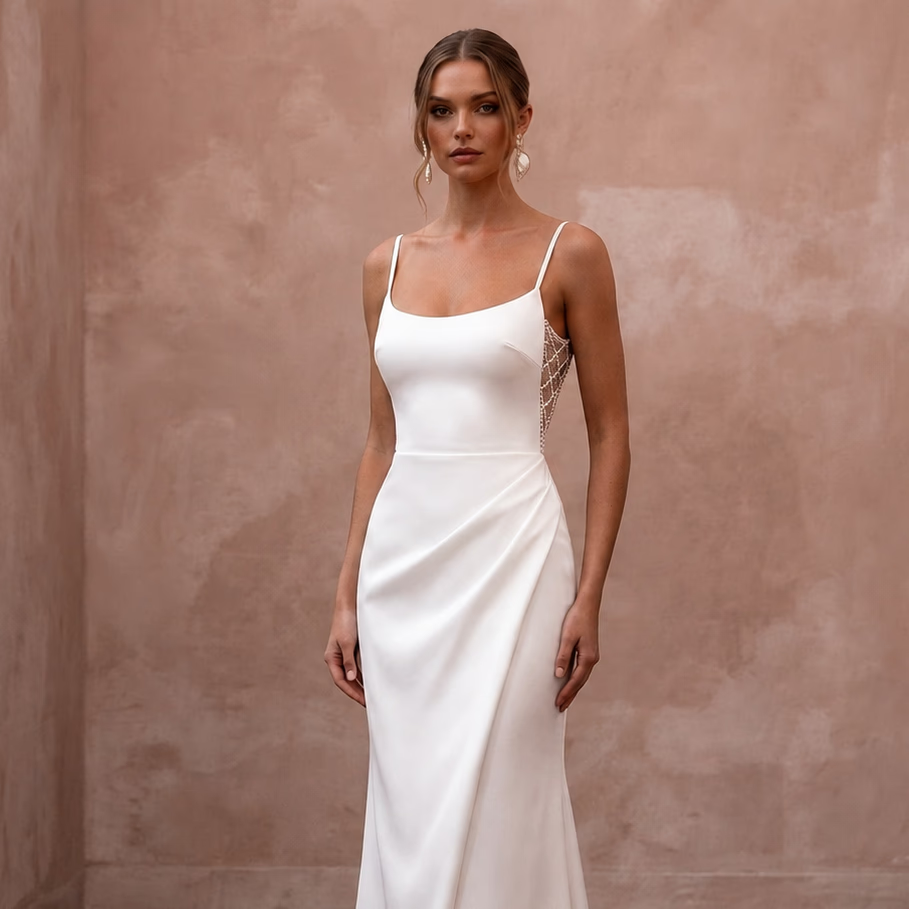 Petite Satin Sheath Wedding Dress with Spaghetti Straps - Apparel & Accessories > Clothing > Wedding & Bridal Party Dresses > Wedding Dresses - Mignonette Bridal