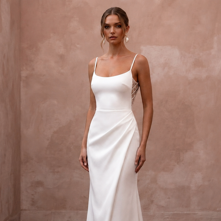 Petite Satin Sheath Wedding Dress with Spaghetti Straps - Apparel & Accessories > Clothing > Wedding & Bridal Party Dresses > Wedding Dresses - Mignonette Bridal