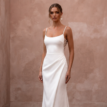 Petite Satin Sheath Wedding Dress with Spaghetti Straps - Apparel & Accessories > Clothing > Wedding & Bridal Party Dresses > Wedding Dresses - Mignonette Bridal