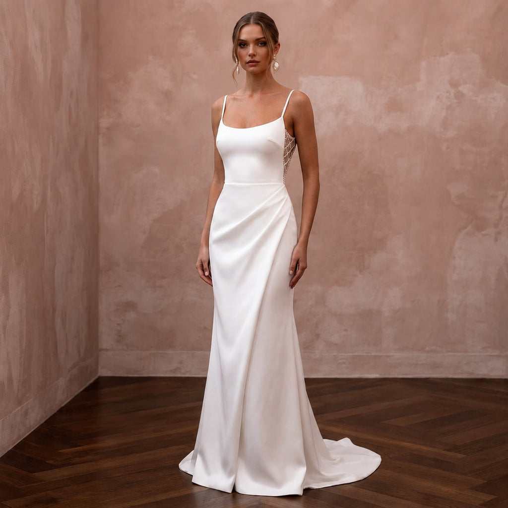 Petite Satin Sheath Wedding Dress with Spaghetti Straps - Apparel & Accessories > Clothing > Wedding & Bridal Party Dresses > Wedding Dresses - Mignonette Bridal