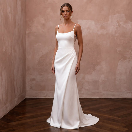 Petite Satin Sheath Wedding Dress with Spaghetti Straps - Apparel & Accessories > Clothing > Wedding & Bridal Party Dresses > Wedding Dresses - Mignonette Bridal