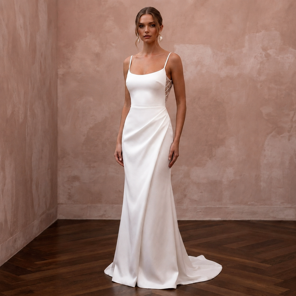 Petite Satin Sheath Wedding Dress with Spaghetti Straps - Apparel & Accessories > Clothing > Wedding & Bridal Party Dresses > Wedding Dresses - Mignonette Bridal