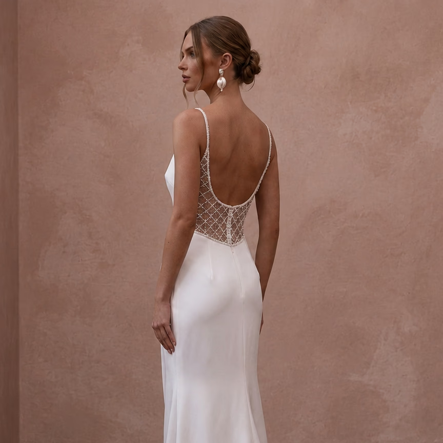 Petite Satin Sheath Wedding Dress with Spaghetti Straps - Apparel & Accessories > Clothing > Wedding & Bridal Party Dresses > Wedding Dresses - Mignonette Bridal