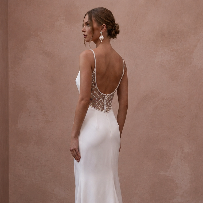 Petite Satin Sheath Wedding Dress with Spaghetti Straps - Apparel & Accessories > Clothing > Wedding & Bridal Party Dresses > Wedding Dresses - Mignonette Bridal