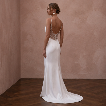 Petite Satin Sheath Wedding Dress with Spaghetti Straps - Apparel & Accessories > Clothing > Wedding & Bridal Party Dresses > Wedding Dresses - Mignonette Bridal