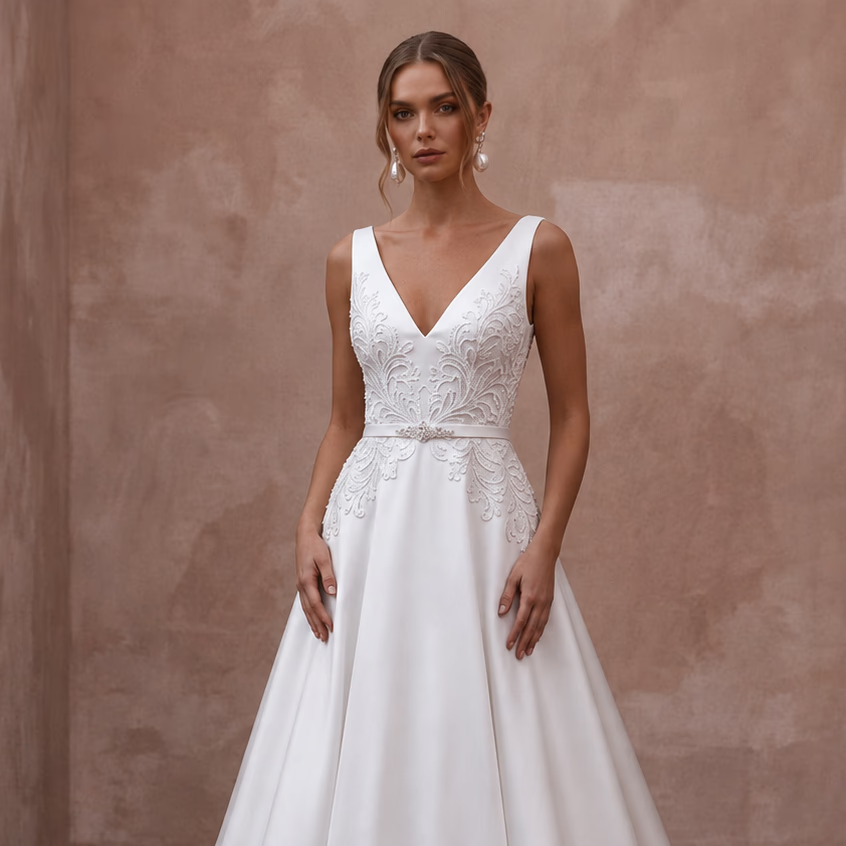 White sleeveless V-neck wedding dress with embroidered bodice and A-line silhouette