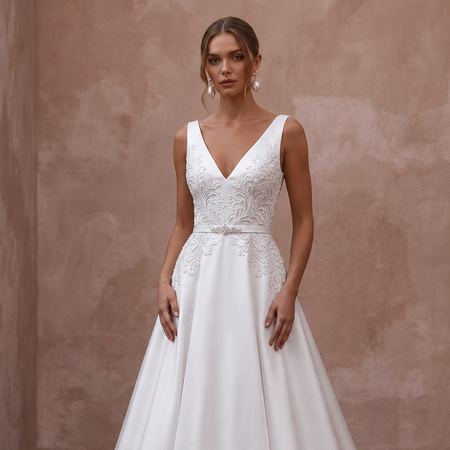 White sleeveless V-neck wedding dress with embroidered bodice and A-line silhouette