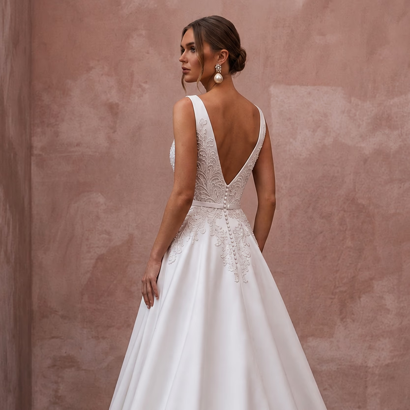 White satin wedding dress backless V-neck with lace details and A-line skirt