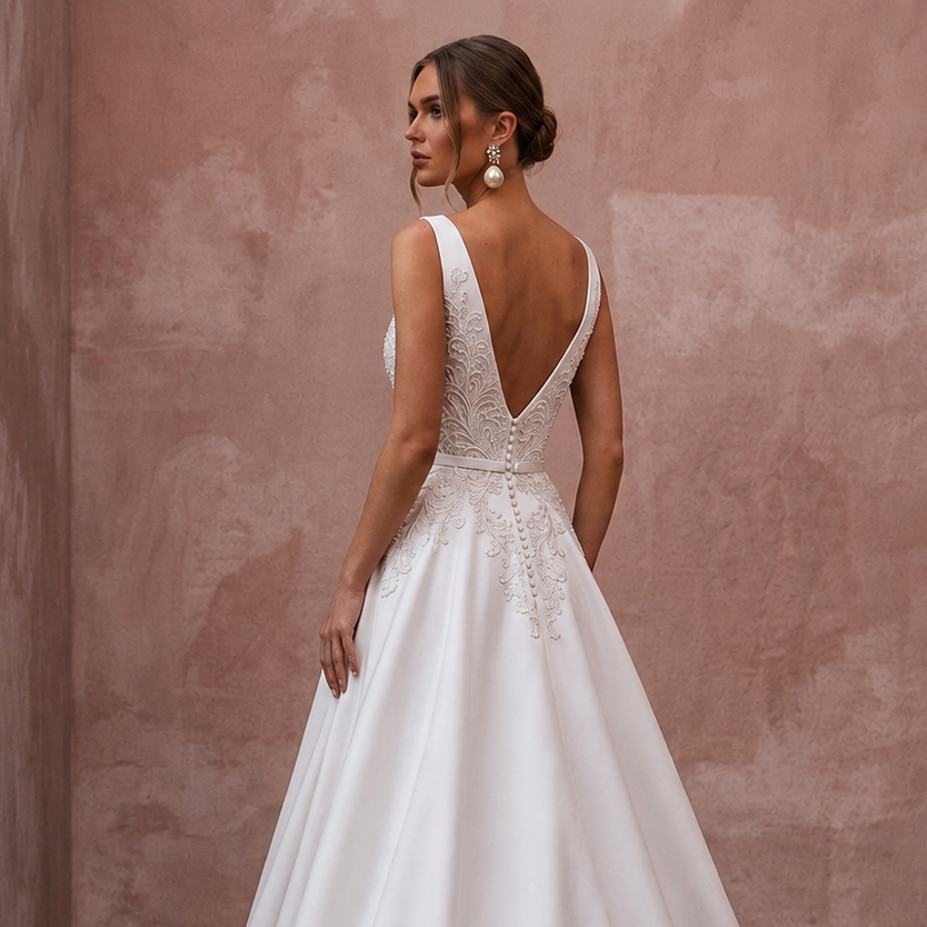 White satin wedding dress backless V-neck with lace details and A-line skirt