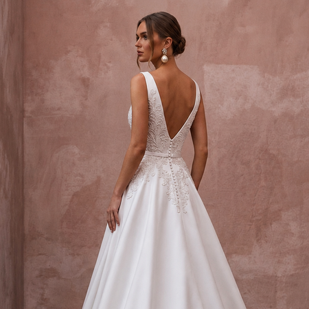 White satin wedding dress backless V-neck with lace details and A-line skirt