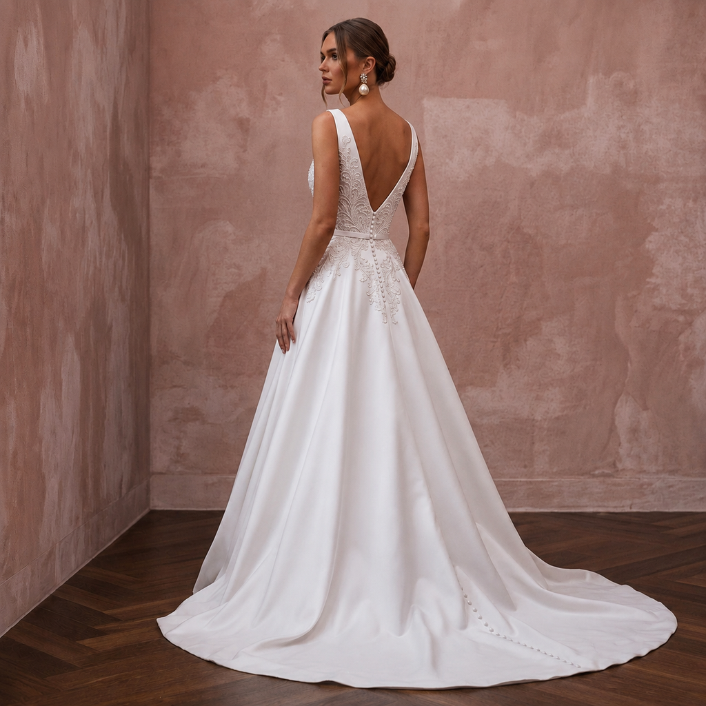 White sleeveless satin wedding dress with open back V-neck and A-line skirt