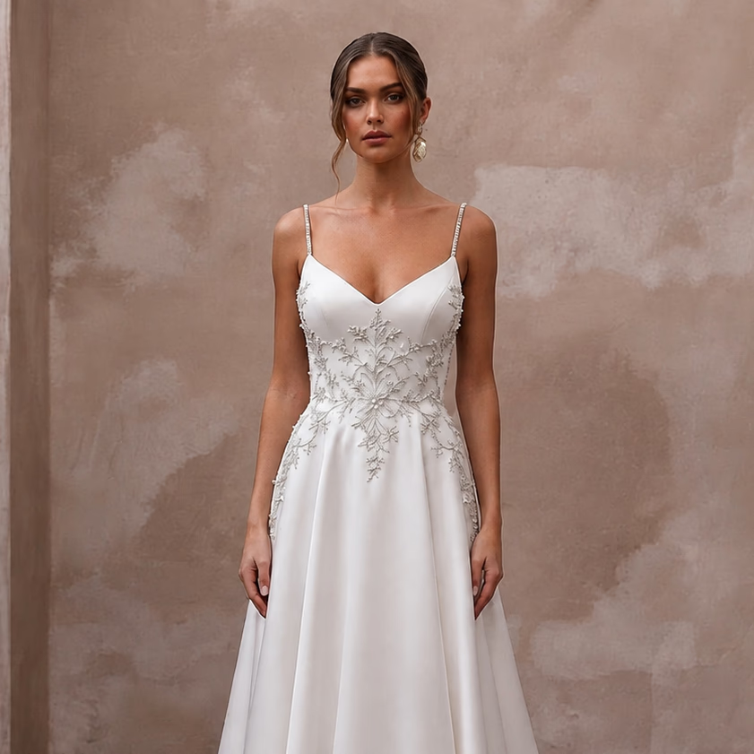 Petite Satin Wedding Dress with Spaghetti Straps and A-Line Silhouette