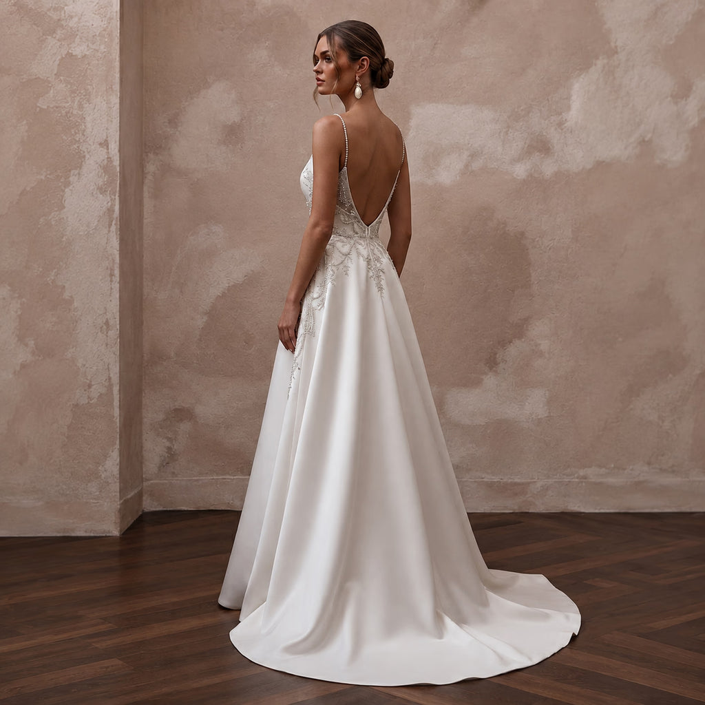 Petite Satin Wedding Dress with Spaghetti Straps and A-Line Silhouette