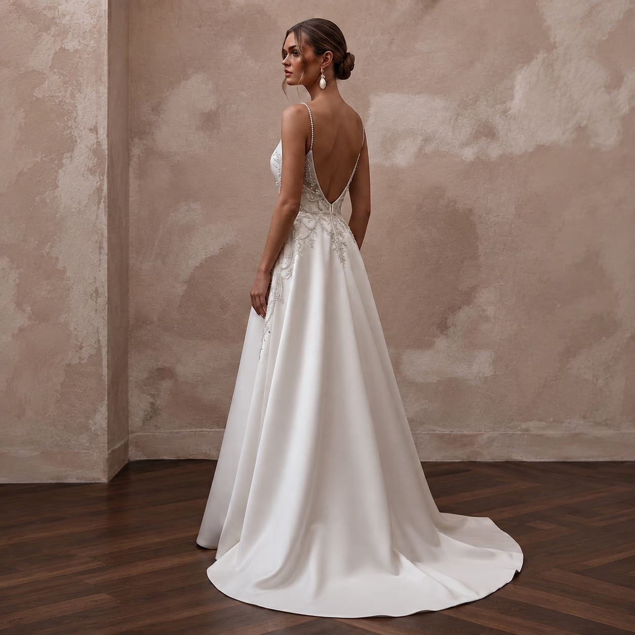 Petite Satin Wedding Dress with Spaghetti Straps and A-Line Silhouette