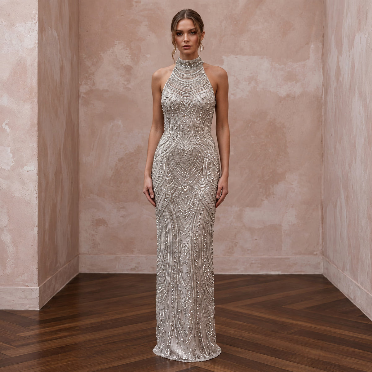 Petite Silver Sequin High - Neck Column Dress for New Year's Eve Party - Apparel & Accessories > Clothing > Wedding & Bridal Party Dresses > Wedding Dresses - Mignonette Bridal Main image