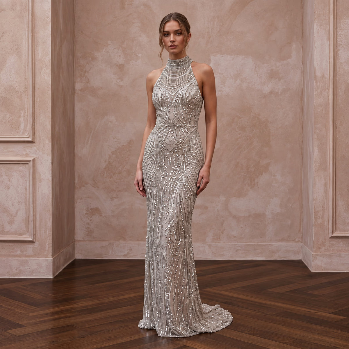 Petite Silver Sequin High-Neck Column Dress for New Year's Eve Party