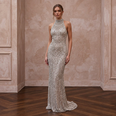 Petite Silver Sequin High-Neck Column Dress for New Year's Eve Party