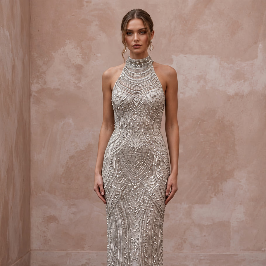 Petite Silver Sequin High-Neck Column Dress for New Year's Eve Party