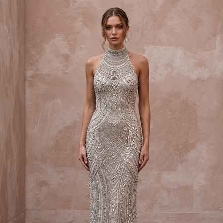 Petite Silver Sequin High-Neck Column Dress for New Year's Eve Party