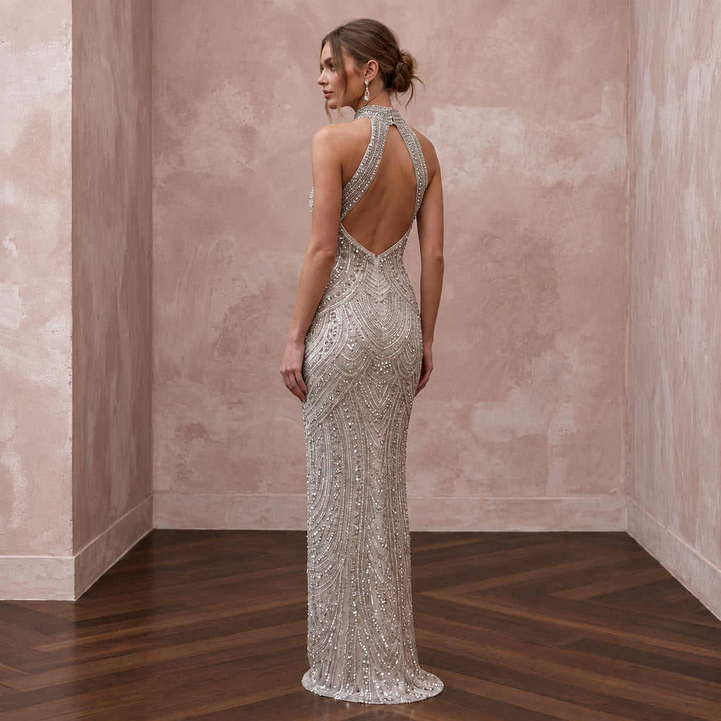 Petite Silver Sequin High-Neck Column Dress for New Year's Eve Party
