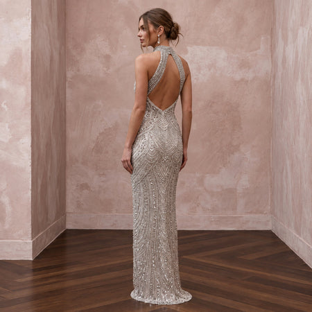 Petite Silver Sequin High-Neck Column Dress for New Year's Eve Party