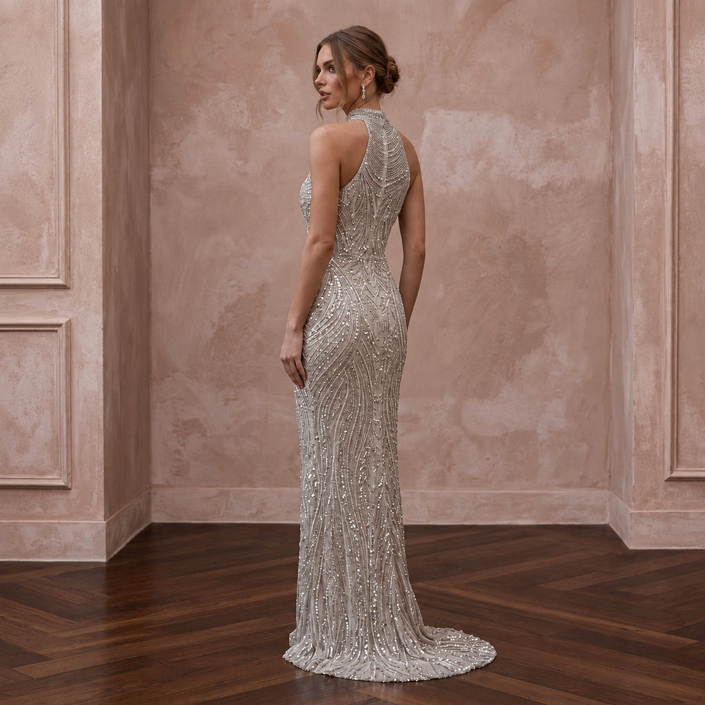 Petite Silver Sequin High-Neck Column Dress for New Year's Eve Party