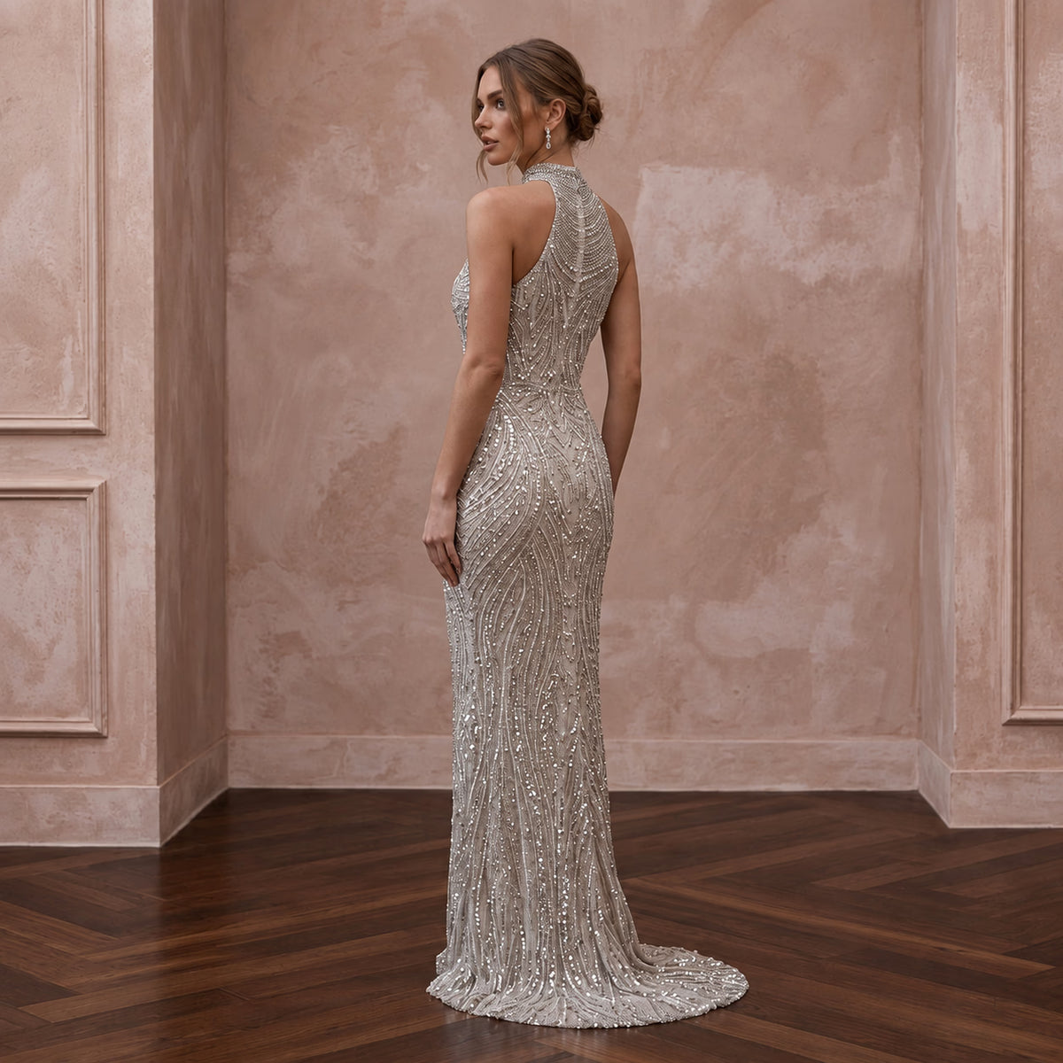 Petite Silver Sequin High-Neck Column Dress for New Year's Eve Party