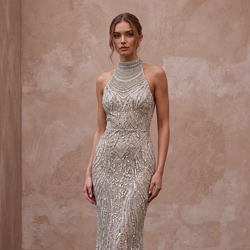 Petite Silver Sequin High-Neck Column Dress for New Year's Eve Party