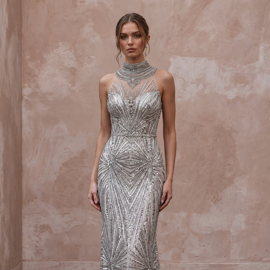 Petite Silver Sequin High - Neck Column Evening Dress for New Year's Eve - Apparel & Accessories > Clothing > Wedding & Bridal Party Dresses > Wedding Dresses - Mignonette Bridal