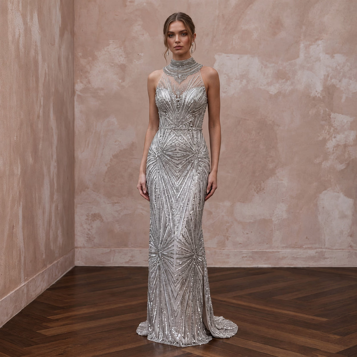 Petite Silver Sequin High - Neck Column Evening Dress for New Year's Eve - Apparel & Accessories > Clothing > Wedding & Bridal Party Dresses > Wedding Dresses - Mignonette Bridal
