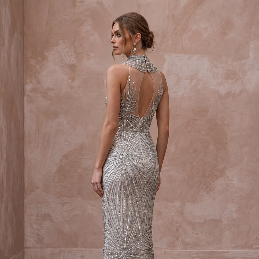 Petite Silver Sequin High - Neck Column Evening Dress for New Year's Eve - Apparel & Accessories > Clothing > Wedding & Bridal Party Dresses > Wedding Dresses - Mignonette Bridal