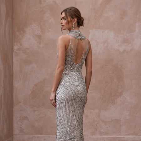 Petite Silver Sequin High - Neck Column Evening Dress for New Year's Eve - Apparel & Accessories > Clothing > Wedding & Bridal Party Dresses > Wedding Dresses - Mignonette Bridal