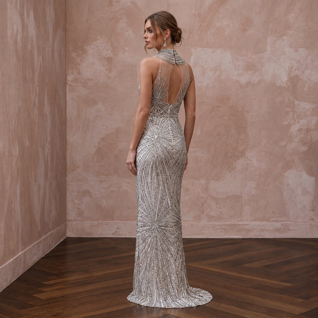 Petite Silver Sequin High - Neck Column Evening Dress for New Year's Eve - Apparel & Accessories > Clothing > Wedding & Bridal Party Dresses > Wedding Dresses - Mignonette Bridal