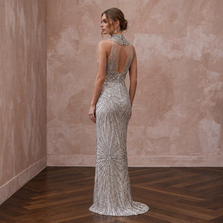 Petite Silver Sequin High - Neck Column Evening Dress for New Year's Eve - Apparel & Accessories > Clothing > Wedding & Bridal Party Dresses > Wedding Dresses - Mignonette Bridal