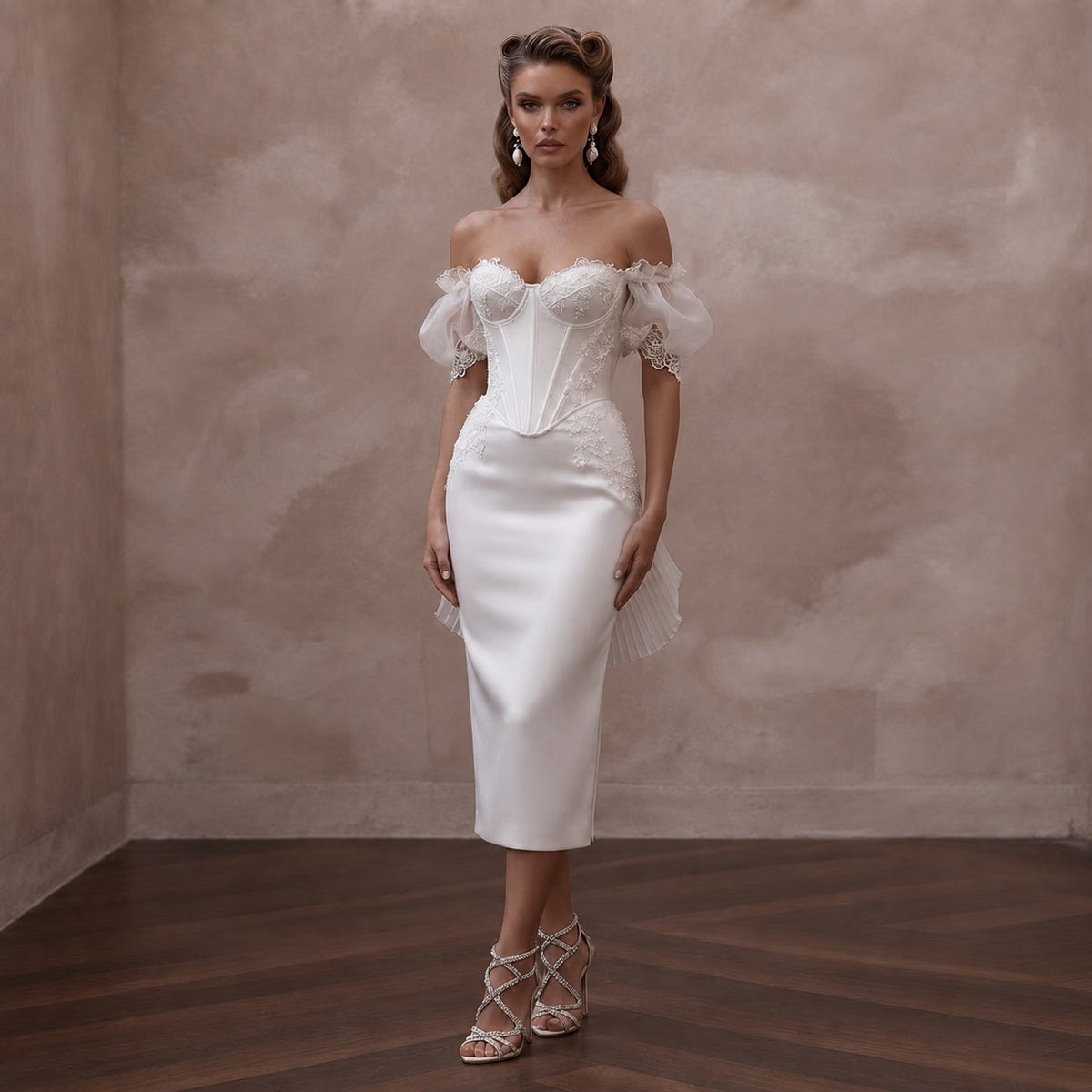 Pin - Up Style White Satin Corset Dress for Engagement Car Shoot - Apparel & Accessories > Clothing > Wedding & Bridal Party Dresses > Wedding Dresses - Mignonette Bridal Main image